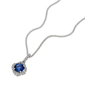 Sterling Silver 16+2" Cubic Zirconia & Created Sapphire Fancy Halo Pendant Necklace
