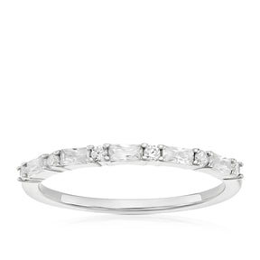 Sterling Silver Baguette & Round Cubic Zirconia Half Eternity Ring