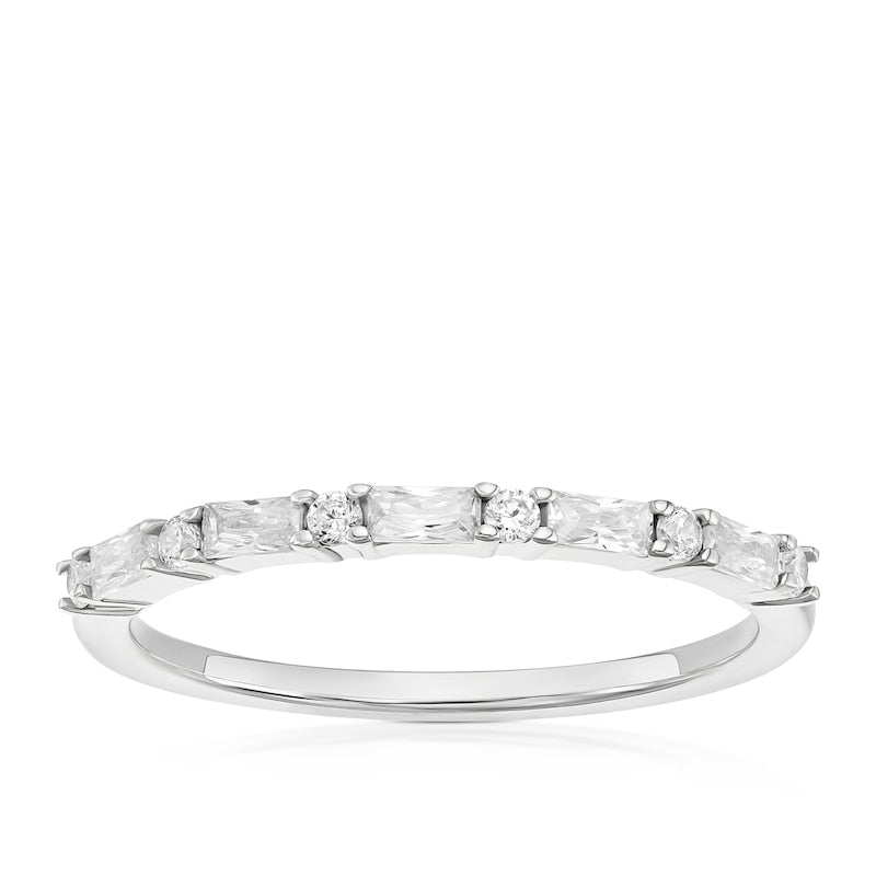 Sterling Silver Baguette & Round Cubic Zirconia Half Eternity Ring
