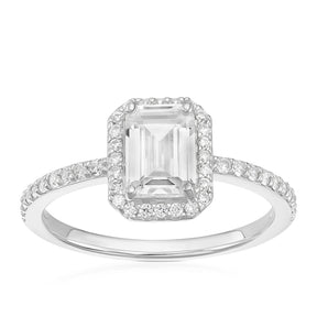 Sterling Silver Baguette Cubic Zirconia Halo Ring