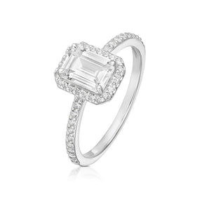 Sterling Silver Baguette Cubic Zirconia Halo Ring
