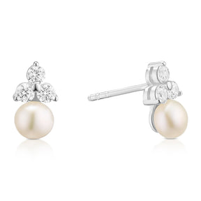Sterling Silver Three-Stone Cubic Zirconia & Cultured Freshwater Pearl Stud Earrings