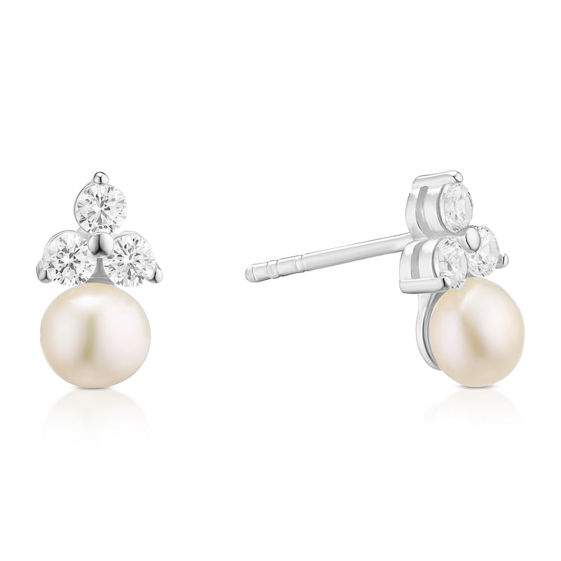 Sterling Silver Three-Stone Cubic Zirconia & Cultured Freshwater Pearl Stud Earrings