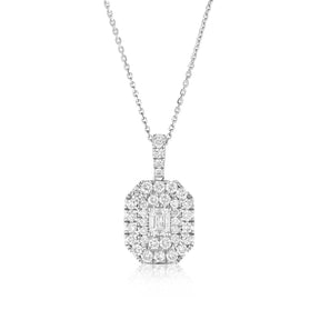 Platinum Emerald Shaped 1ct Diamond Double Halo Pendant Necklace
