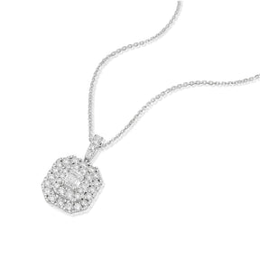Platinum Emerald Shaped 1ct Diamond Double Halo Pendant Necklace