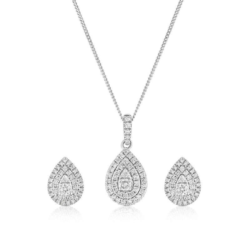 9ct White Gold 0.50ct Diamond Pear Shaped Halo Earrings & Necklace Set