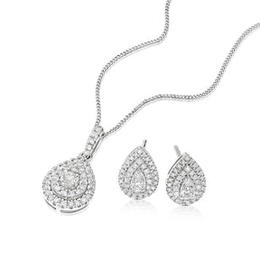 9ct White Gold 0.50ct Diamond Pear Shaped Halo Earrings & Necklace Set