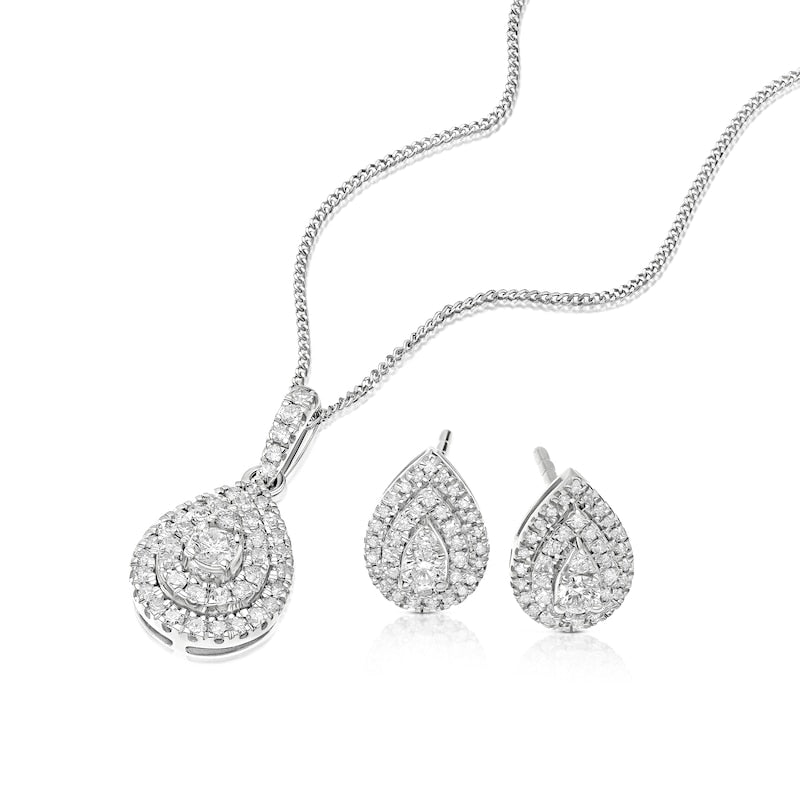 9ct White Gold 0.50ct Diamond Pear Shaped Halo Earrings & Necklace Set