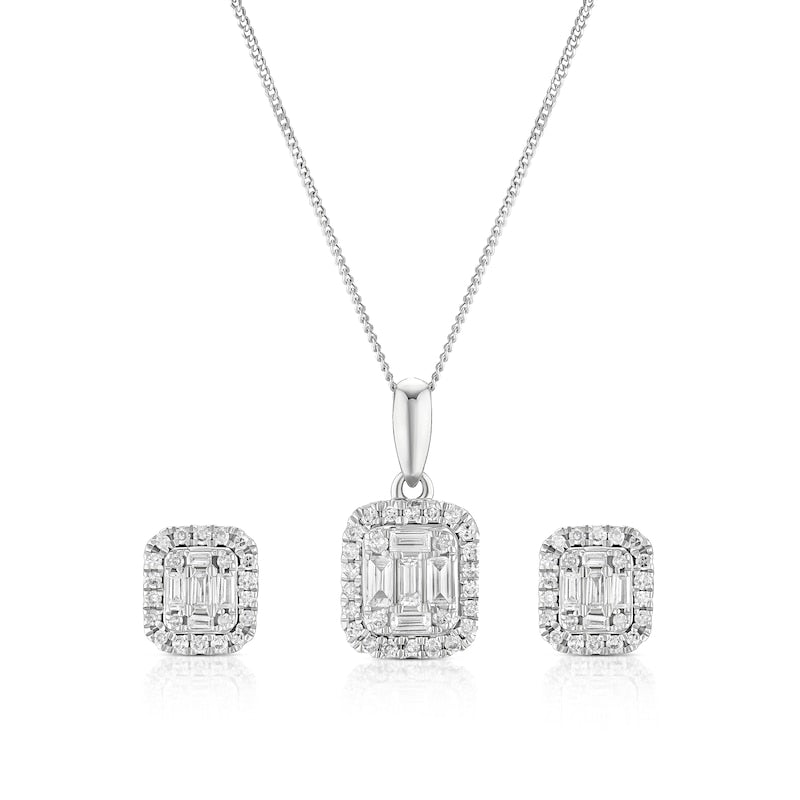 9ct White Gold & 0.50ct Diamond Emerald Shaped Halo Earrings & Necklace Set