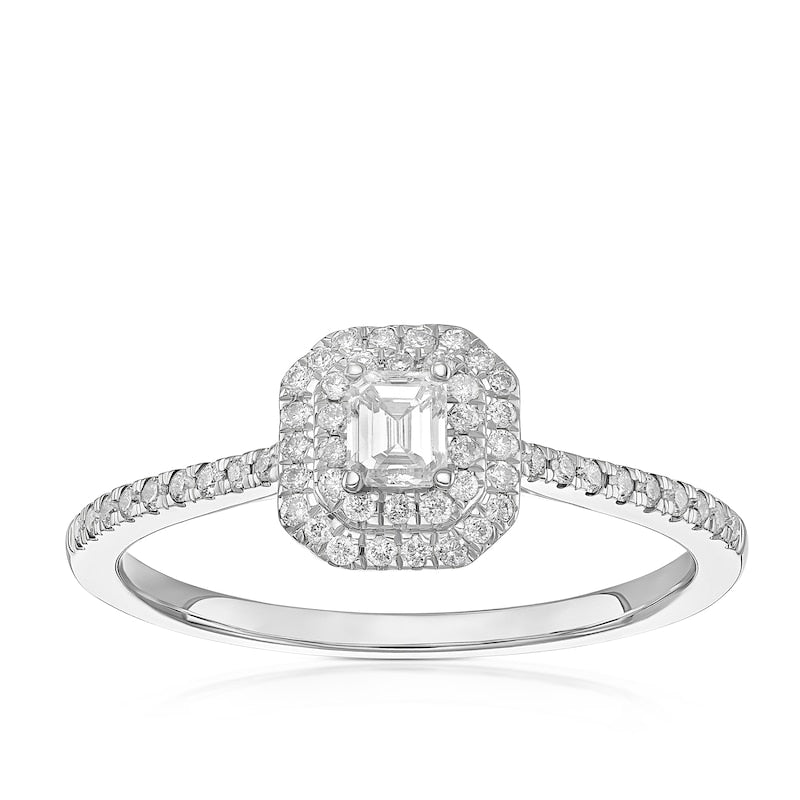 Engagement Ring 9ct White Gold Emerald Cut Double Halo 0.40ct Diamond Ring
