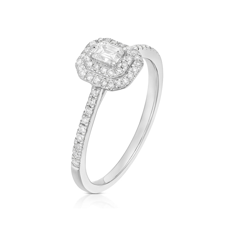 Engagement Ring 9ct White Gold Emerald Cut Double Halo 0.40ct Diamond Ring