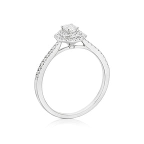 Engagement Ring 9ct White Gold Emerald Cut Double Halo 0.40ct Diamond Ring