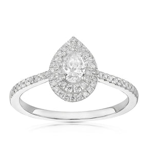Engagement Ring 9ct White Gold Pear Cut Double Halo 0.40ct Diamond Ring