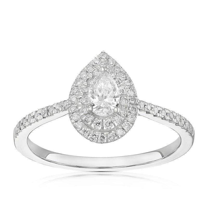 Engagement Ring 9ct White Gold Pear Cut Double Halo 0.40ct Diamond Ring