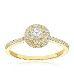 Engagement Ring 9ct Yellow Gold Round Cut Double Halo 0.40ct Diamond Ring