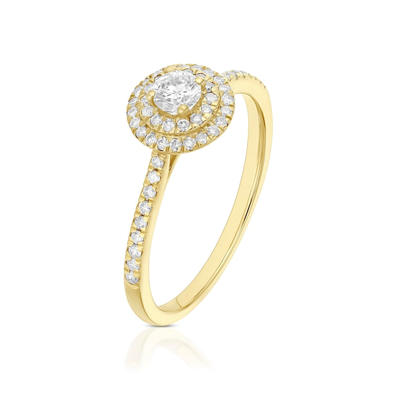 Engagement Ring 9ct Yellow Gold Round Cut Double Halo 0.40ct Diamond Ring