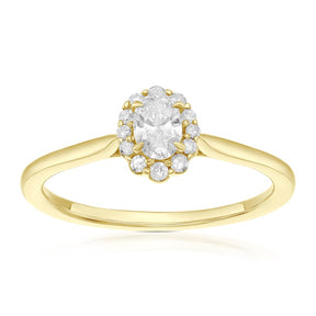 Engagement Ring 9ct Yellow Gold Oval Cut Halo 0.25ct Diamond Ring
