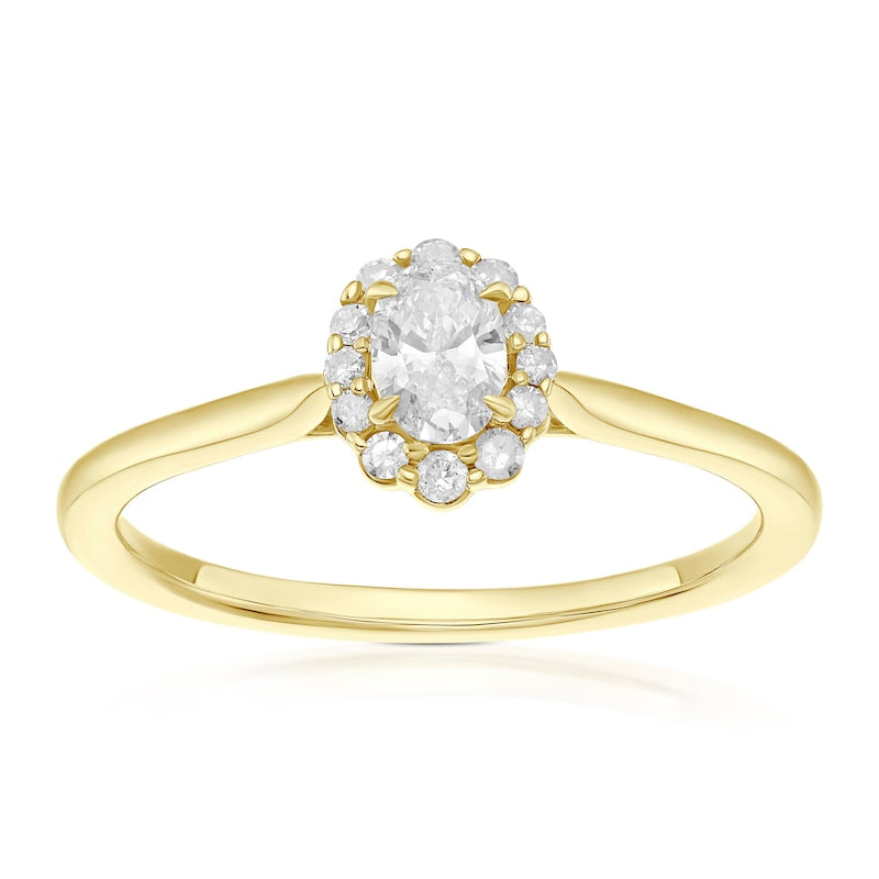 Engagement Ring 9ct Yellow Gold Oval Cut Halo 0.25ct Diamond Ring