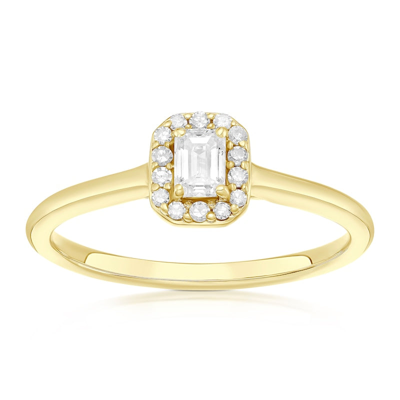 Engagement Ring 9ct Yellow Gold Emerald Cut Halo 0.25ct Diamond Ring