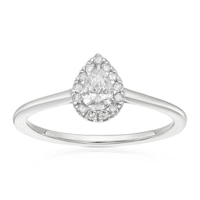 Engagement Ring 9ct White Gold 0.25ct Diamond Pear Cut Halo Diamond Ring