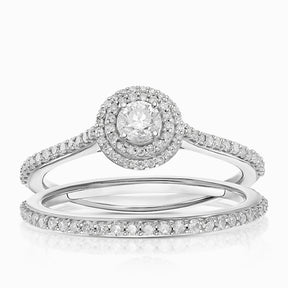 Engagement Ring 9ct White Gold Round Double Halo Bridal Set 0.50ct Diamond Ring