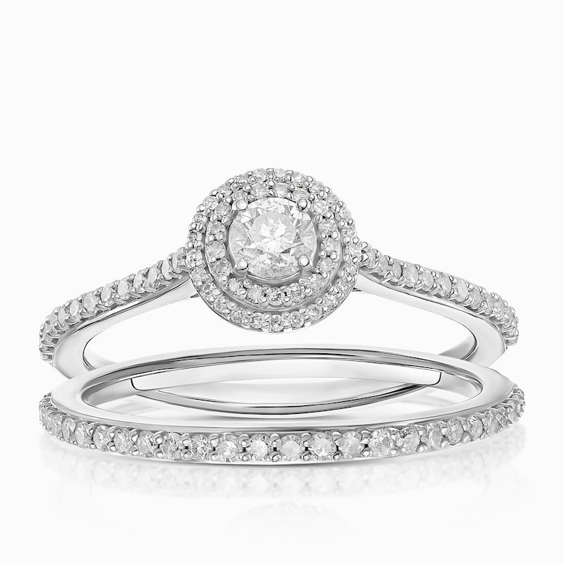 Engagement Ring 9ct White Gold Round Double Halo Bridal Set 0.50ct Diamond Ring