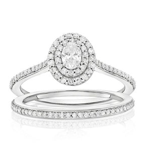 Engagement Ring 9ct White Gold Oval Double Halo Bridal Set 0.50ct Diamond Ring