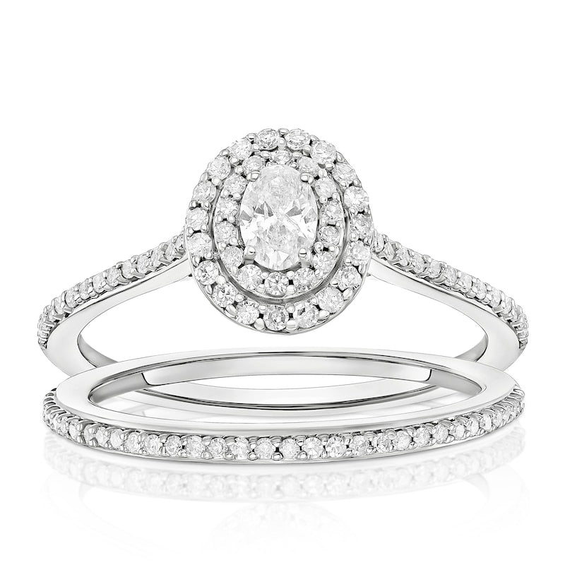 Engagement Ring 9ct White Gold Oval Double Halo Bridal Set 0.50ct Diamond Ring