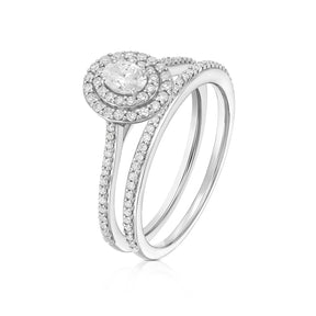 Engagement Ring 9ct White Gold Oval Double Halo Bridal Set 0.50ct Diamond Ring