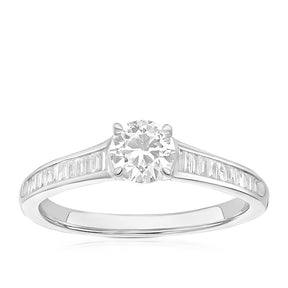Engagement Ring Platinum Round & Baguette Cut Solitaire 0.75ct Diamond Ring
