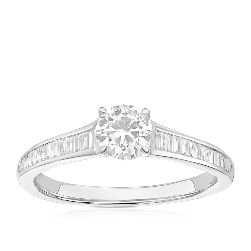Engagement Ring Platinum Round & Baguette Cut Solitaire 0.75ct Diamond Ring