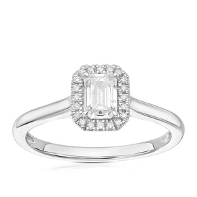 Engagement Ring Platinum Emerald Cut Halo Solitaire 0.55ct Diamond Ring