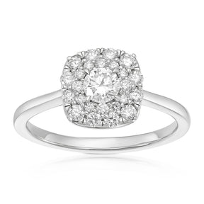 Engagement Ring 18ct White Gold Cushion Halo 0.50ct Diamond Ring