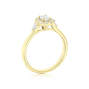 Engagement Ring Origin 18ct Yellow Gold Emerald Shaped Halo & Trilogy 0.50ct Diamond Ring