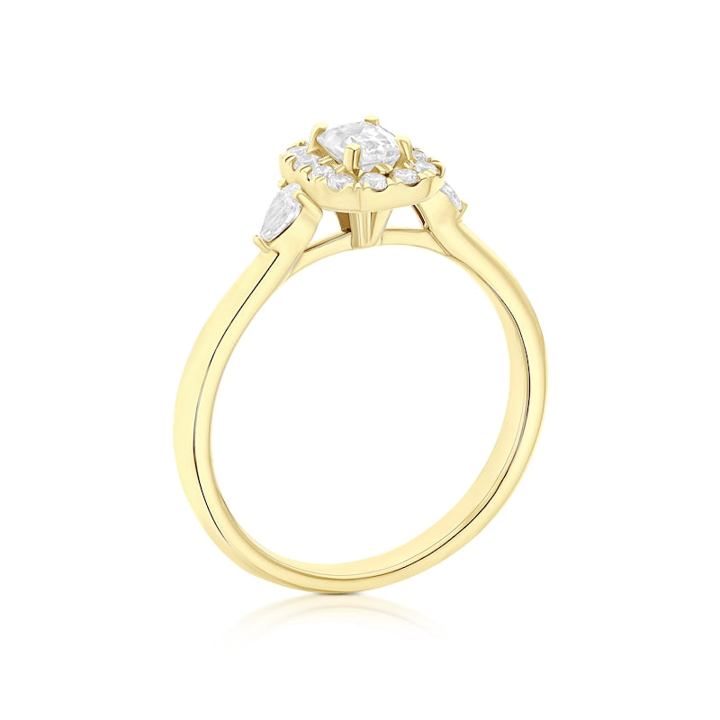 Engagement Ring Origin 18ct Yellow Gold Emerald Shaped Halo & Trilogy 0.50ct Diamond Ring
