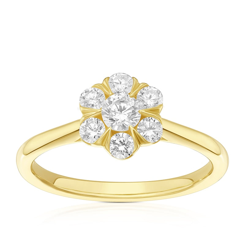 Engagement Ring Origin 18ct Yellow Gold Flower Shaped Halo 0.50ct Diamond Ring