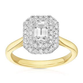 Engagement Ring Origin 18ct Yellow & White Gold Emerald Shaped Double Halo 0.75ct Diamond Ring