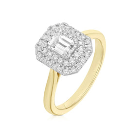 Engagement Ring Origin 18ct Yellow & White Gold Emerald Shaped Double Halo 0.75ct Diamond Ring