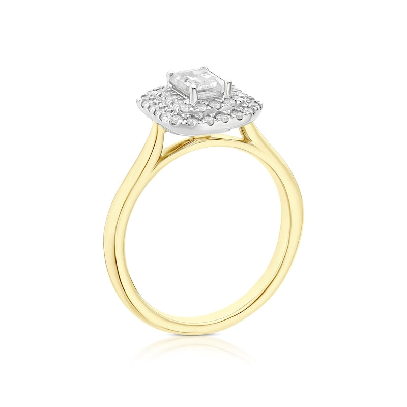 Engagement Ring Origin 18ct Yellow & White Gold Emerald Shaped Double Halo 0.75ct Diamond Ring