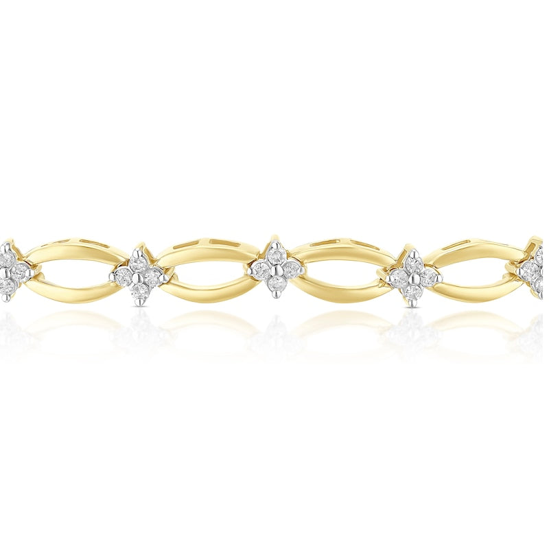 9ct Yellow Gold 0.50ct Diamond Clover Station Link Line Bracelet