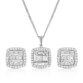 9ct White Gold 0.50ct Diamond Cushion Shaped Earring & Pendant Set