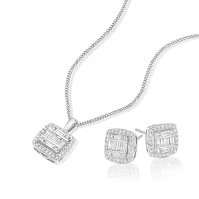 9ct White Gold 0.50ct Diamond Cushion Shaped Earring & Pendant Set