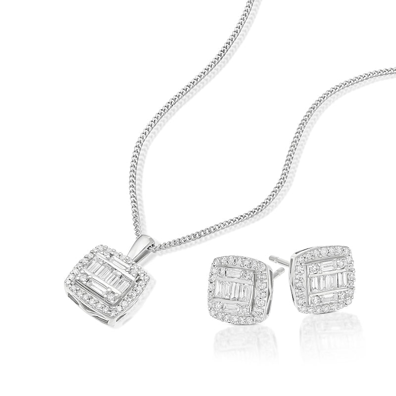 9ct White Gold 0.50ct Diamond Cushion Shaped Earring & Pendant Set