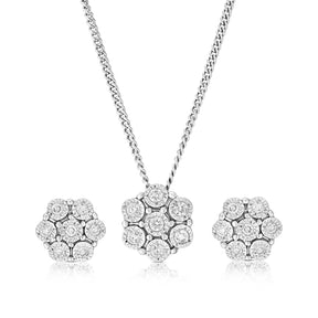 Sterling Silver 0.15ct Diamond Flower Shaped Pendant & Earring Set