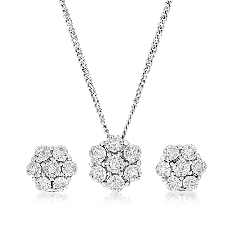 Sterling Silver 0.15ct Diamond Flower Shaped Pendant & Earring Set