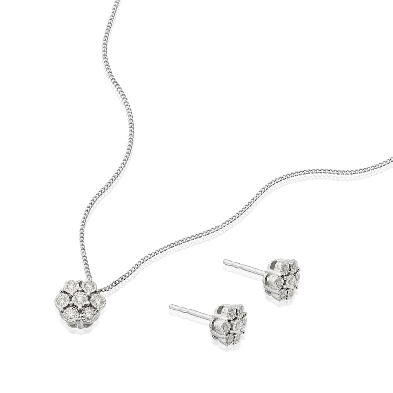 Sterling Silver 0.15ct Diamond Flower Shaped Pendant & Earring Set