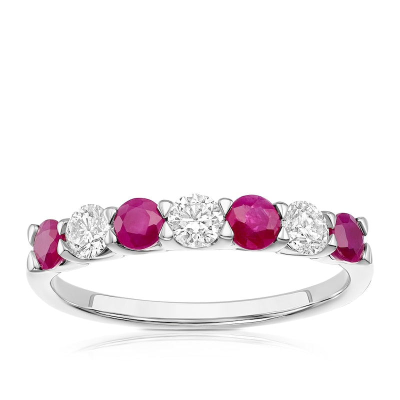 9ct White Gold Ruby & 0.33ct Diamond 7-Stone Ring
