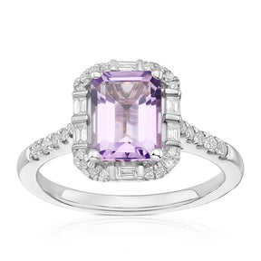 9ct White Gold Amethyst  & 0.25ct Diamond Halo Ring