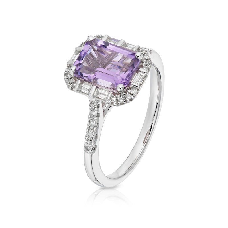 9ct White Gold Amethyst  & 0.25ct Diamond Halo Ring