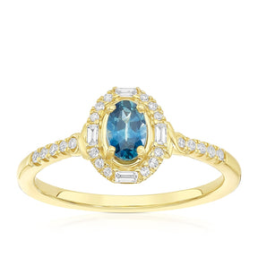 9ct Yellow Gold Montana Sapphire & 0.10ct Diamond Halo Ring